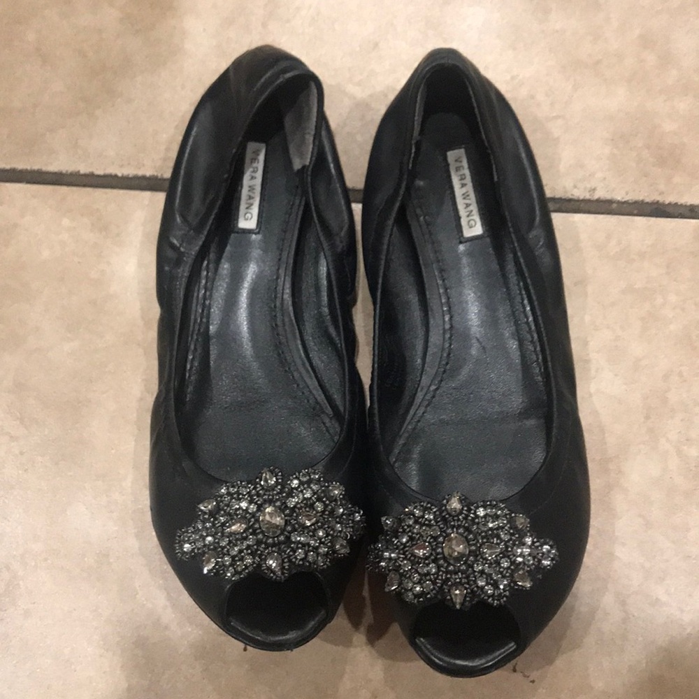 Vera Wang Black Leather Peep Toe Jeweled Flats